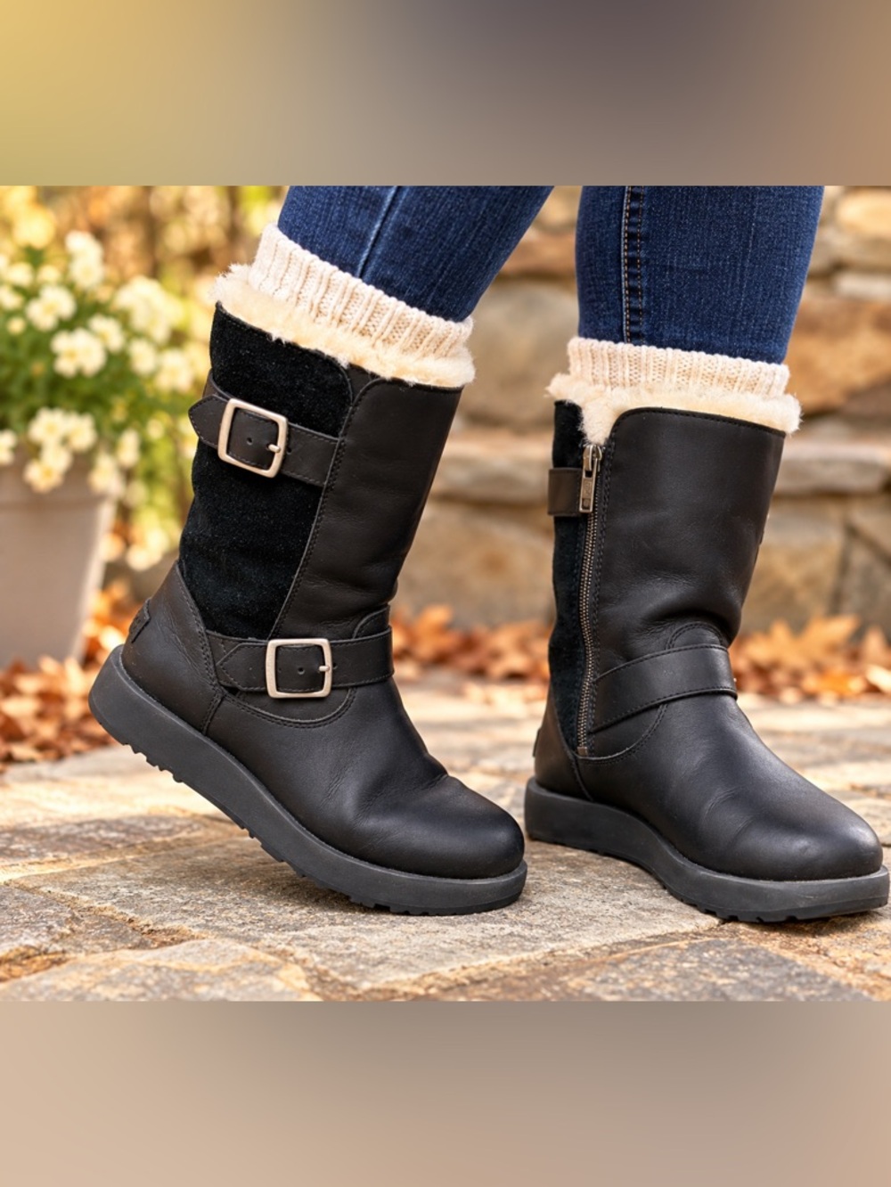 UGG Breida Waterproof Black Leather & Suede Sheepskin Boots – Size 6.5
